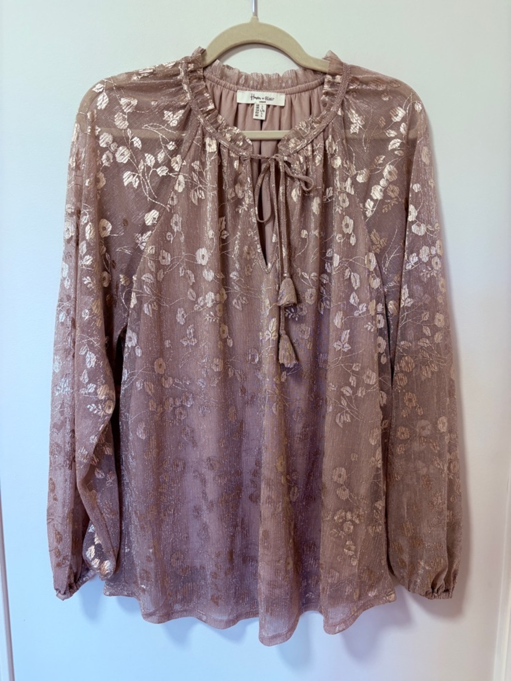 Haven And Blair Blouse Champagne Gold Whimsy Flowy Size Large Business Office